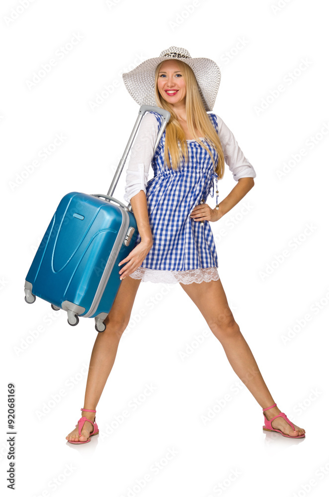 Woman ready for summer travel isolated on white
