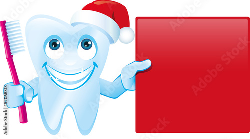 Zahn mit Weihnachtsmütze hält Schild und Bürste