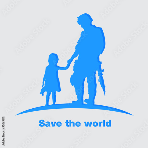 Silhouette of Soldiers handshake children.  Vector illustration