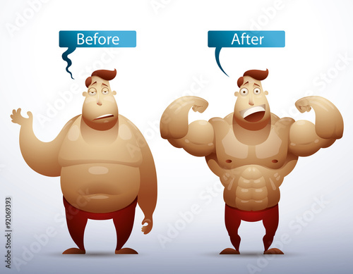 Vector man before and after on a light blue background. The text is written in curves.