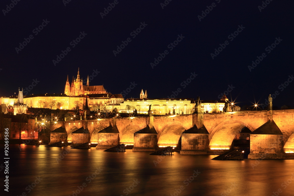 Prague caste and the Charles bridge at the night, Praque, Czech Republic