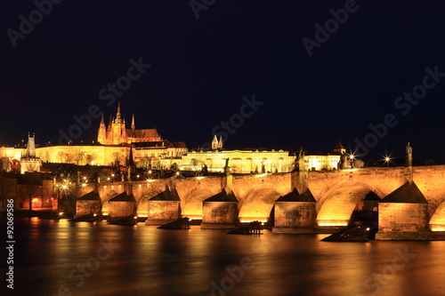 Prague caste and the Charles bridge at the night, Praque, Czech Republic