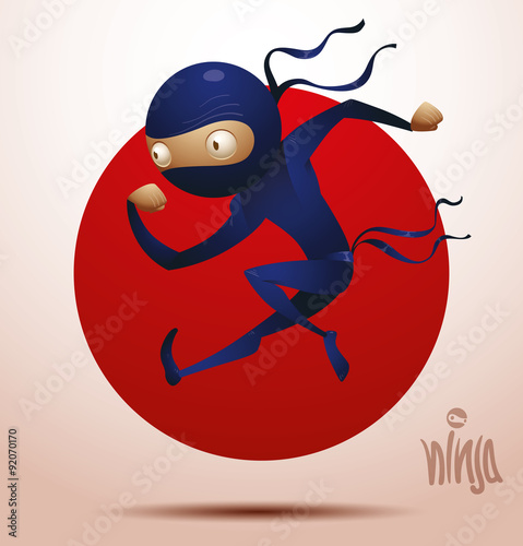 Vector ninja warrior in a jump to the left in blue traditional costume on light pink - red background. The text is written in curves. photo