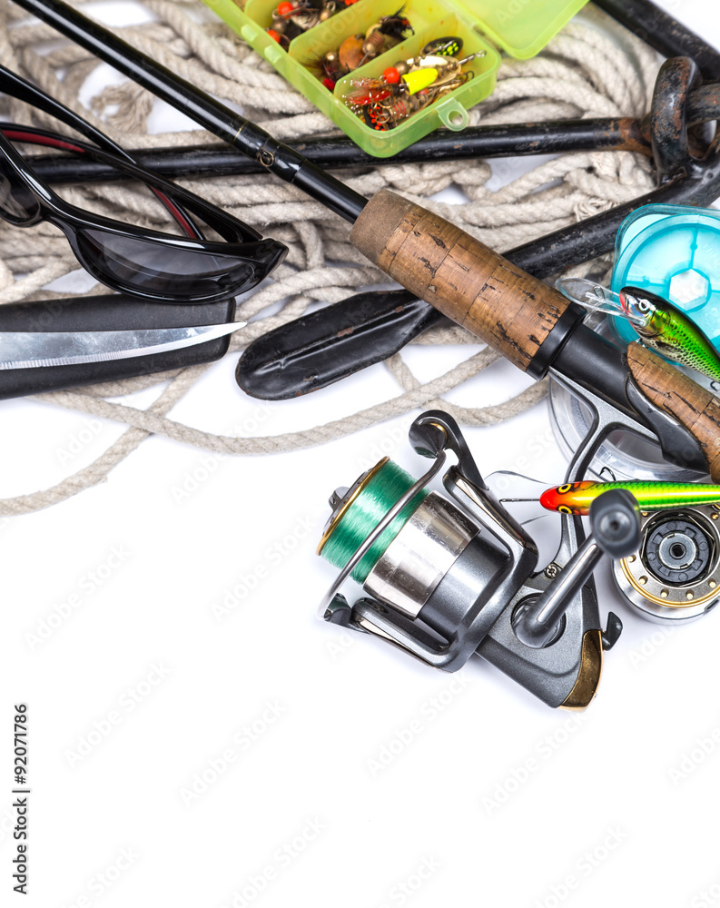 fishing tackles and anchor with cord on white fishing tackles and anchor with cord on white