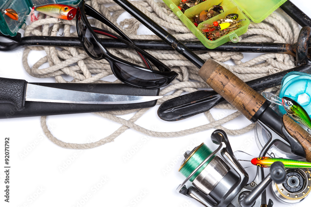 fishing tackles and anchor with cord on white fishing tackles and anchor with cord on white