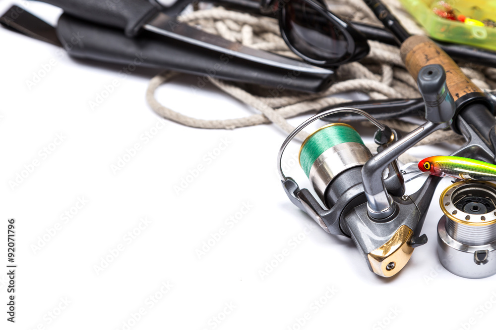 fishing tackles and anchor with cord on white fishing tackles and anchor with cord on white
