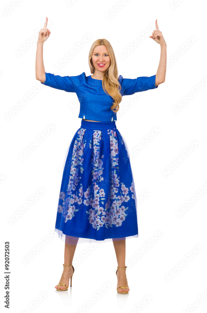 Woman in blue dress with flower prints isolated on white