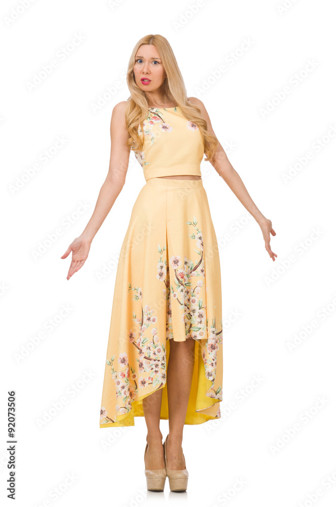 Blond girl in charming dress with flower prints isolated on Blond girl in charming dress with flower prints isolated on