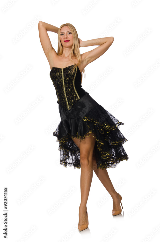 Naklejka premium Blond hair girl in black evening dress isolated on white