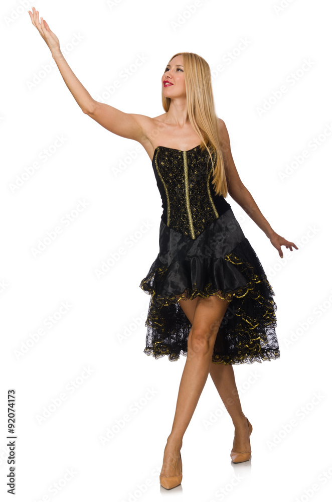 Blond hair girl in black evening dress isolated on white Blond hair girl in black evening dress isolated on white