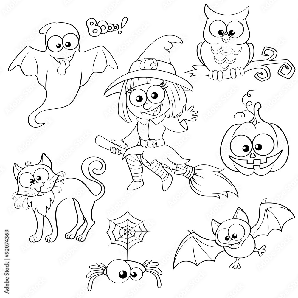 Set of Halloween elements. Black and white vector illustration for coloring book Set of Halloween elements. Black and white vector illustration for coloring book