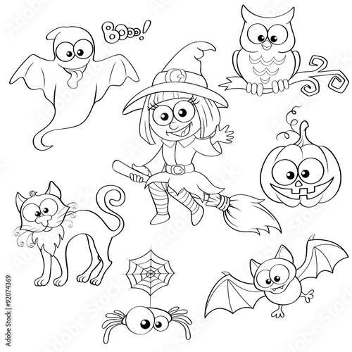 Set of Halloween elements. Black and white vector illustration for coloring book 