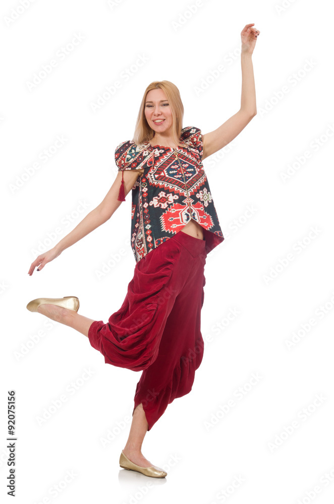 Woman in Azerbaijani ornament clothing isolated on white