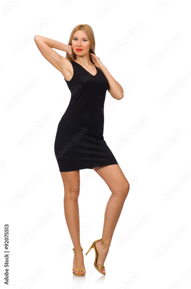 Young pretty woman in mini black dress isolated on white