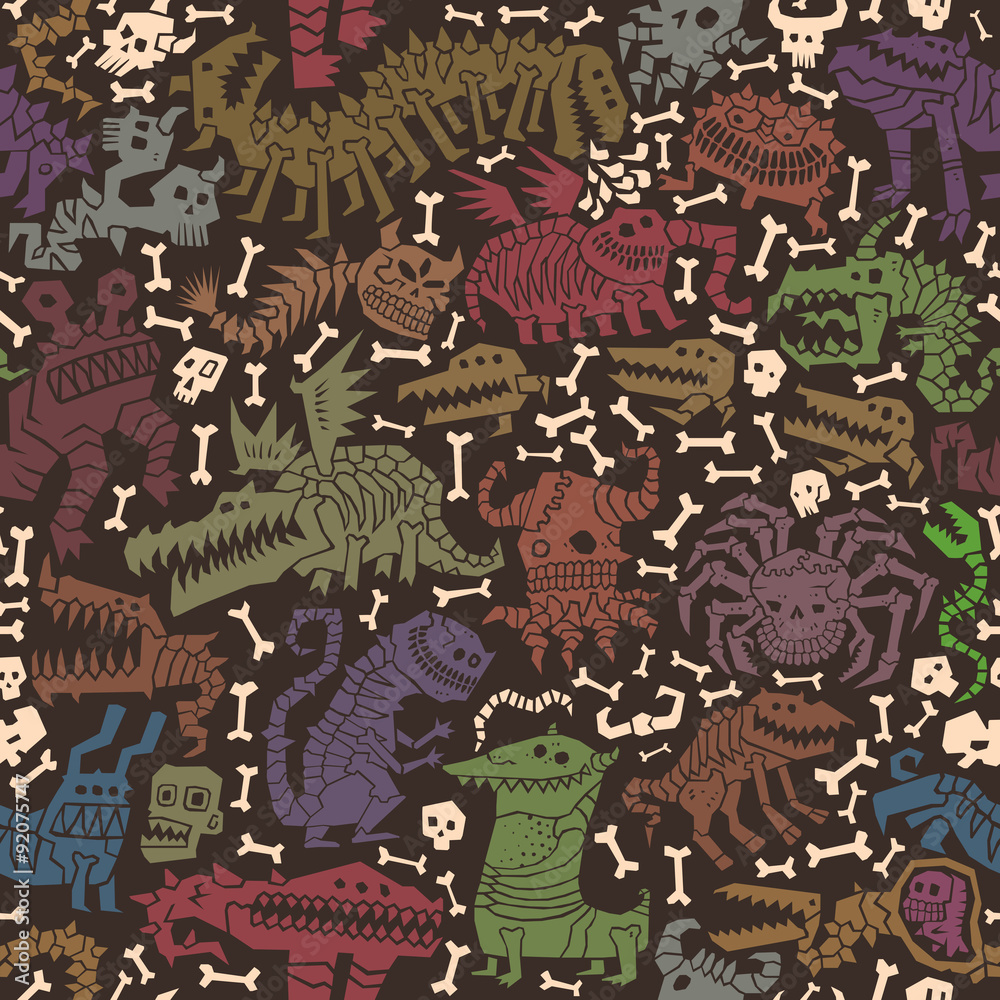 Obraz premium Vector multicolored monster seamless pattern on a dark background.