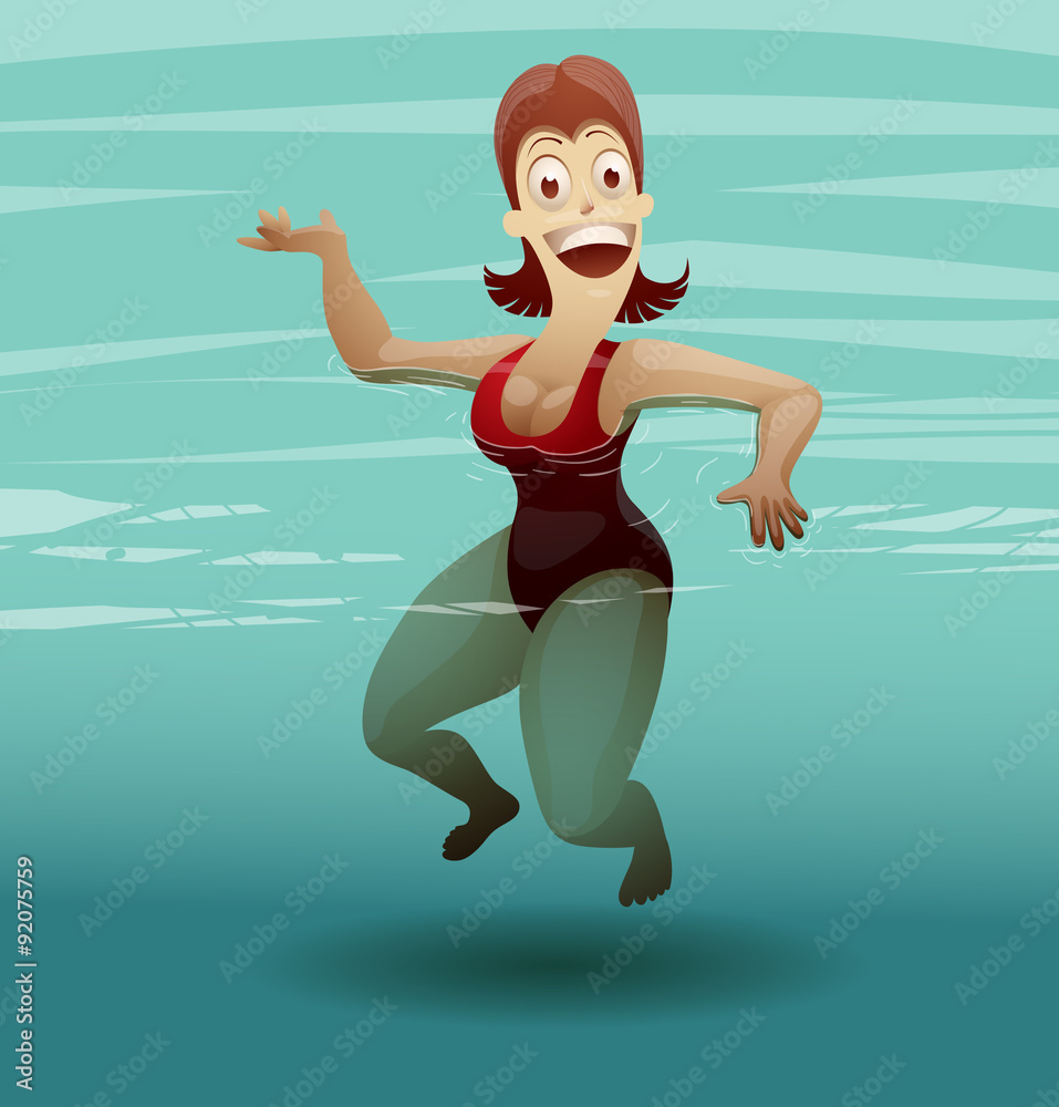 Vector woman in water on a light blue background. 