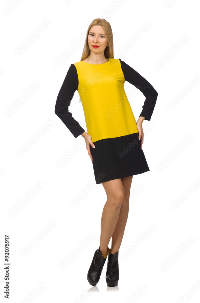 Blond hair girl in yellow and black clothing isolated on white Blond hair girl in yellow and black clothing isolated on white