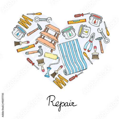 Stylized hand drawn heart with symbols of repair on white background. Vector for use in design