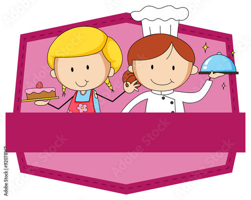 Pink badge with chef and baker