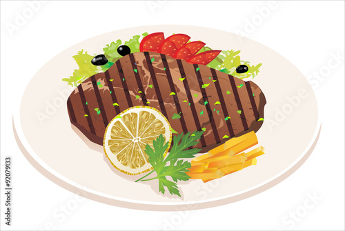 Grilled steak, French fries and vegetables