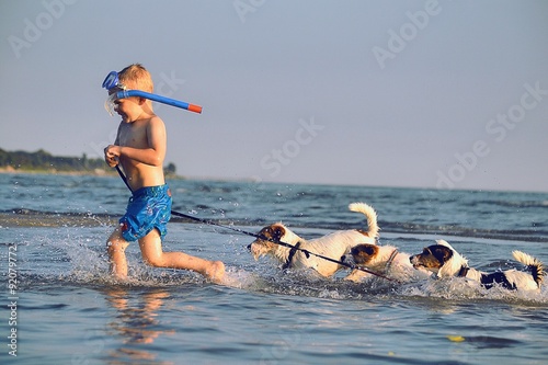 Child playing with dogs in the water