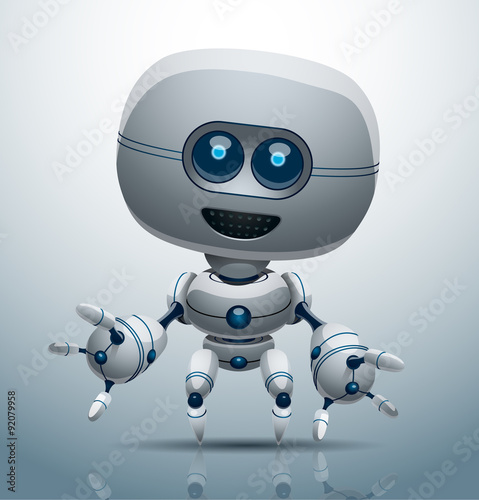 Vector silver robot on a light blue background.
