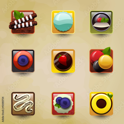 Set of icons desserts with fruit, ice cream, cakes, sweets, chocolate and biscuit