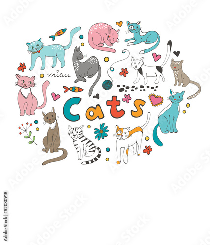 Fototapeta Naklejka Na Ścianę i Meble -  Cute hand drawn cats colorful set 