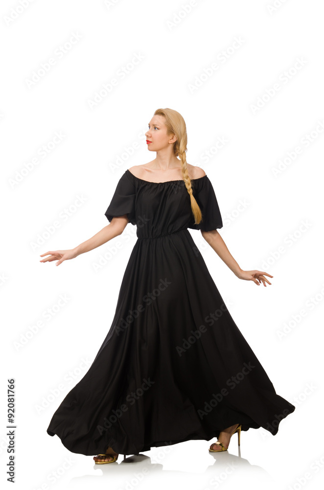 Tall woman in long black dress isolated on white Tall woman in long black dress isolated on white
