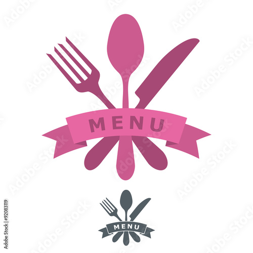 Simple menu or restaurant logo or icon with vector cutlery items such as fork, knife and spoon. Ribbon. Banner for text adding / Restaurant Silverware icons - Cutlery set