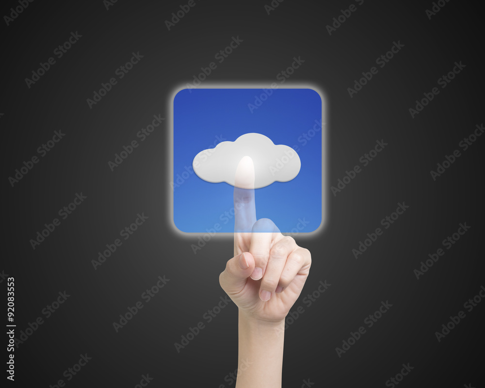 Female index finger touching cloud icon button Female index finger touching cloud icon button