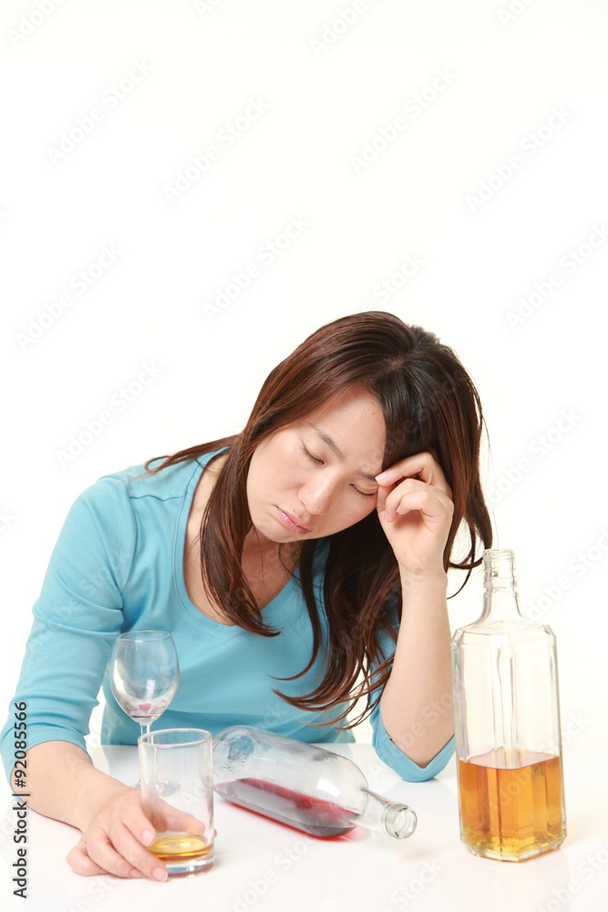 Japanese woman in depression is drinking alcohol Japanese woman in depression is drinking alcohol