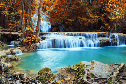 Waterfall Huay Mae Kamin  beautiful waterfall in autumn forest