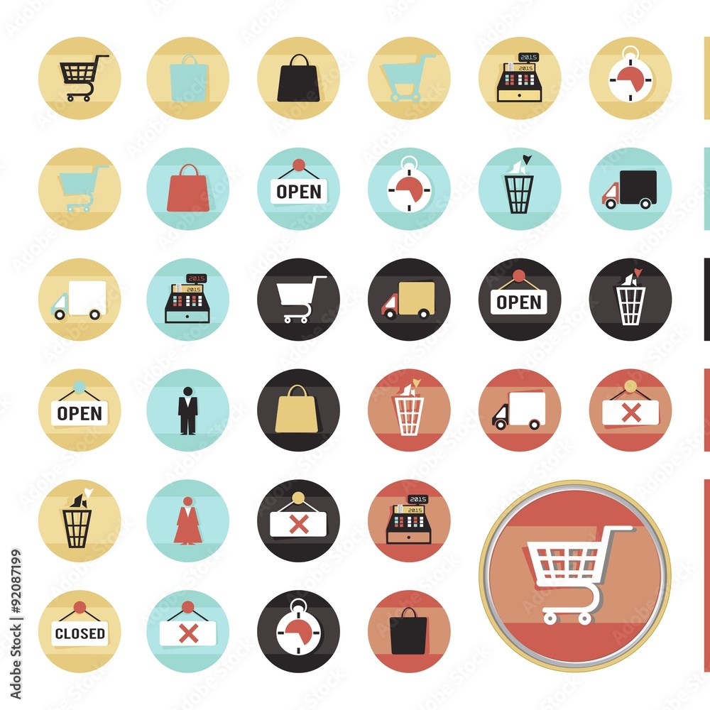 Modern flat icons. Vector.  In stylish colors of shopping objects and items. Isolated on white background.