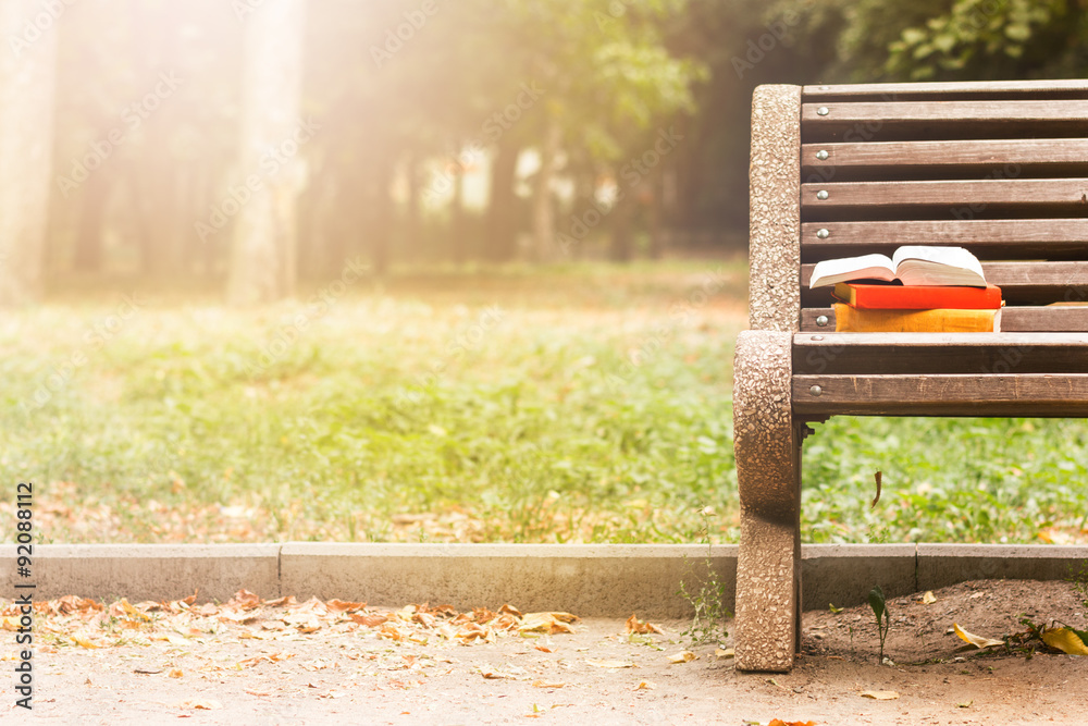 Stack of hardback book and Open book lying on a bench at sunset park on  blurred nature backdrop. Copy space, back to school. Education background.  Stock Photo | Adobe Stock