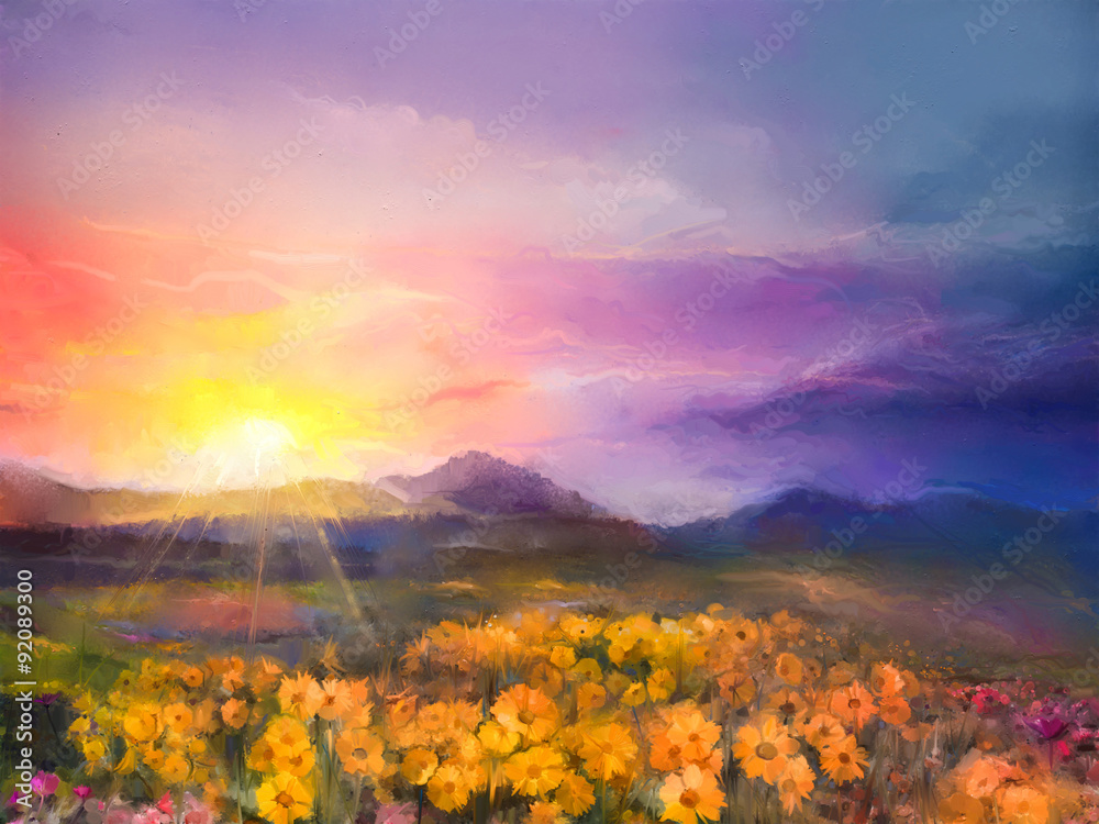 Oil painting yellow- golden daisy flowers in fields. Sunset meadow landscape with wildflower, hill and sky in orange and blue violet color background. Hand Paint summer floral Impressionist style