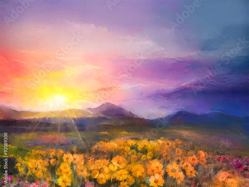 Oil painting yellow- golden daisy flowers in fields. Sunset meadow landscape with wildflower  hill and sky in orange and blue violet color background. Hand Paint summer floral Impressionist style