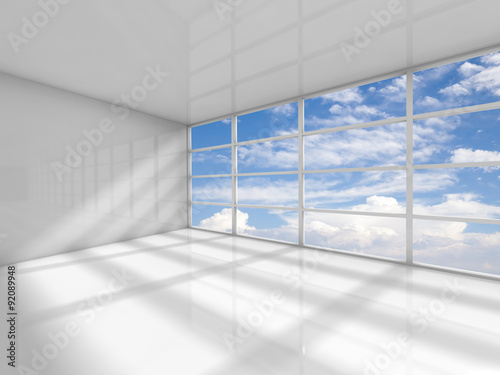 Empty room with clouds behind the window. 3d