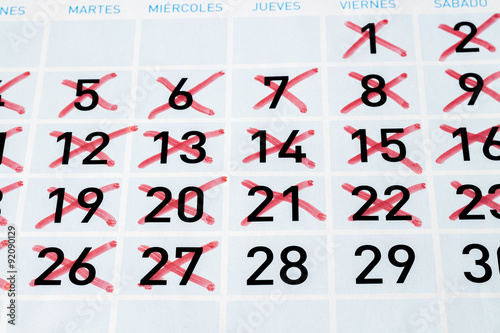 Calendar page with twenty seven strikethrough days