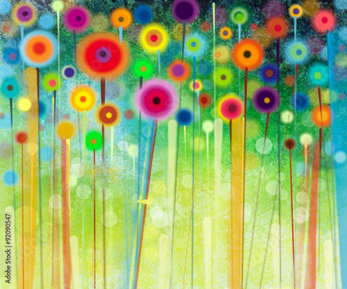 Fototapeta Naklejka Na Ścianę i Meble -  Abstract floral watercolor painting. Hand painted Yellow and Red flowers in soft color on green color background. Abstract flower paintings in the meadows. Spring flower seasonal nature background