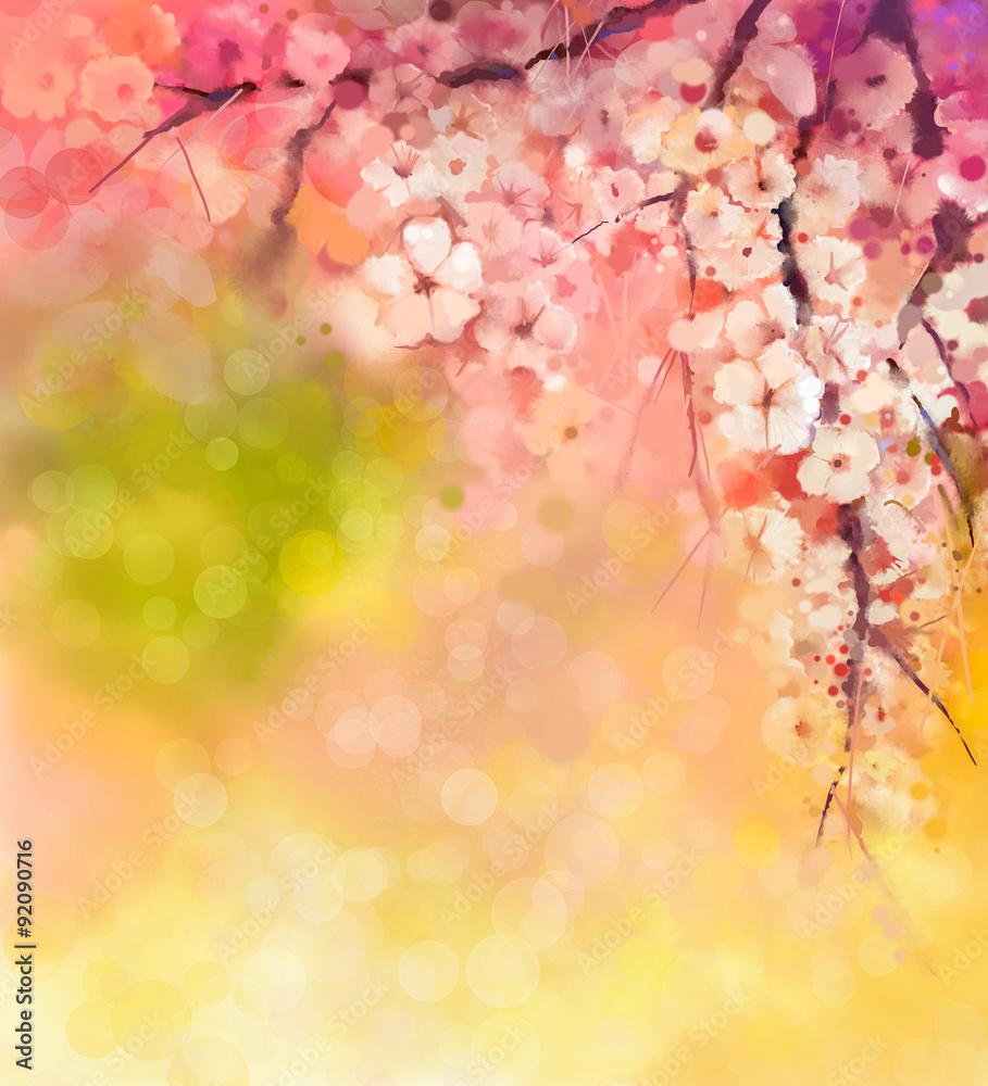 Naklejka premium Watercolor Painting Cherry blossoms - Japanese cherry - Sakura floral in soft color over blurred nature background. Spring flower seasonal nature background with bokeh