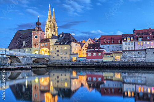 Historical Stone Bridge and Bridge tower in Regensburg photo