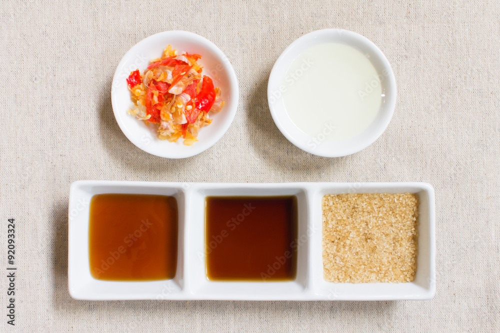 Seasoning or Ingredient of Thai Food. Granulated Sugar and Soy and Oyster Seasoning or Ingredient of Thai Food. Granulated Sugar and Soy and Oyster