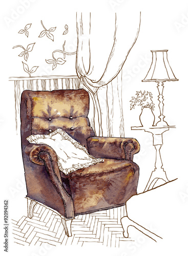 Hand made vecor sketch of cozy interior elements.