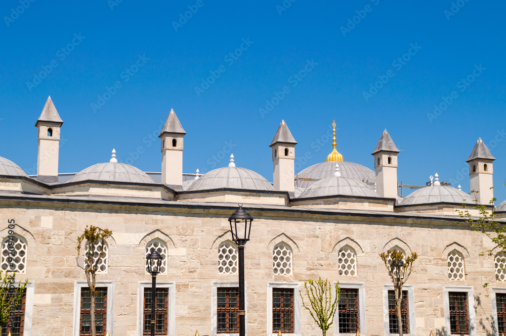 Mosque or islamic palace windows, domes and chimneys