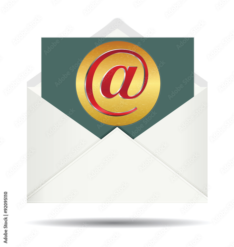 Red Email Sign On Gold Plate and Opened White Envelope Red Email Sign On Gold Plate and Opened White Envelope