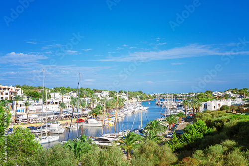 Panoramic view of the Cala D'Or yacht marina harbor with recreat