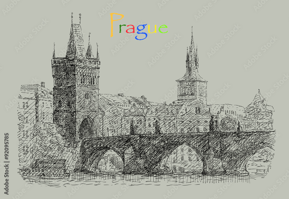 Postcard illustration with view of Prague