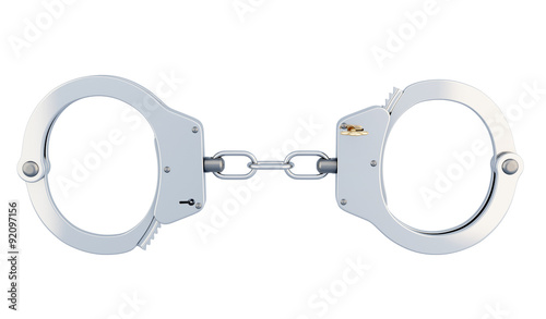 Steel police handcuffs isolated over white.