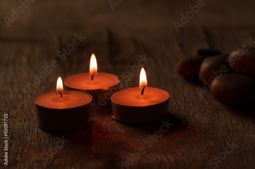 Beautiful Spa composition with aroma candles on wooden . Treatment, aromatherapy